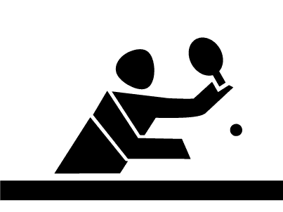 Minimalistische schwarze Silhouette einer Tischtennis spielenden Person mit Schläger und Ball über einer Tischkante auf weißem Hintergrund.